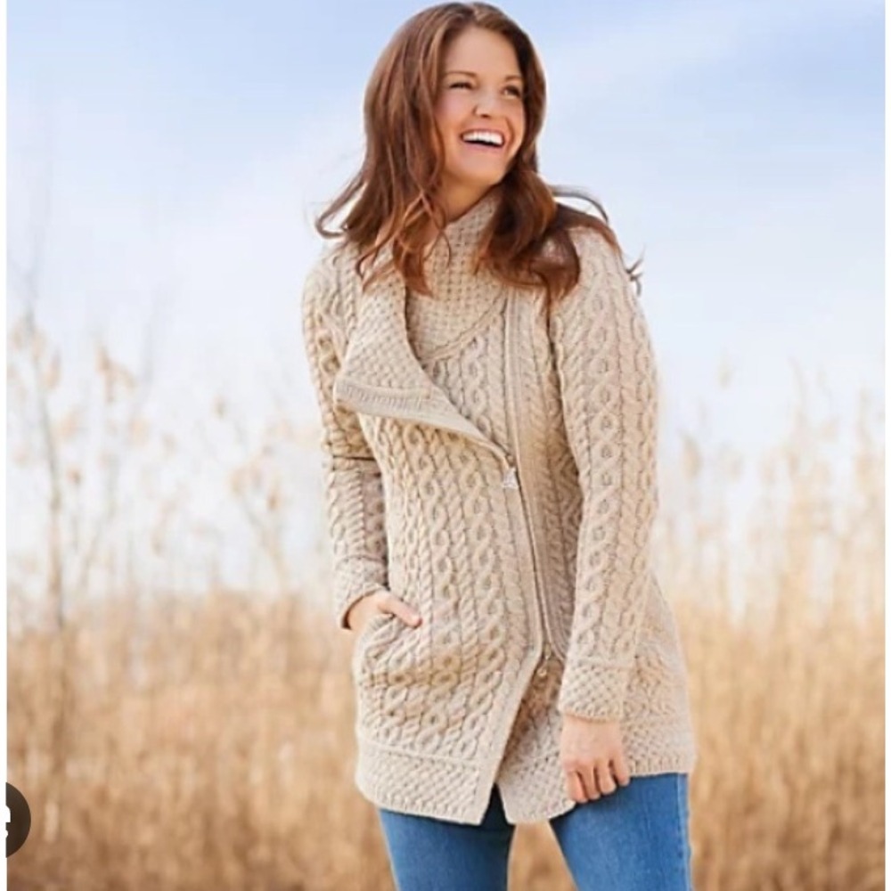 Aran Knit‎ Asymmetrical Zip Cardigan Ivory/Beige/Natural